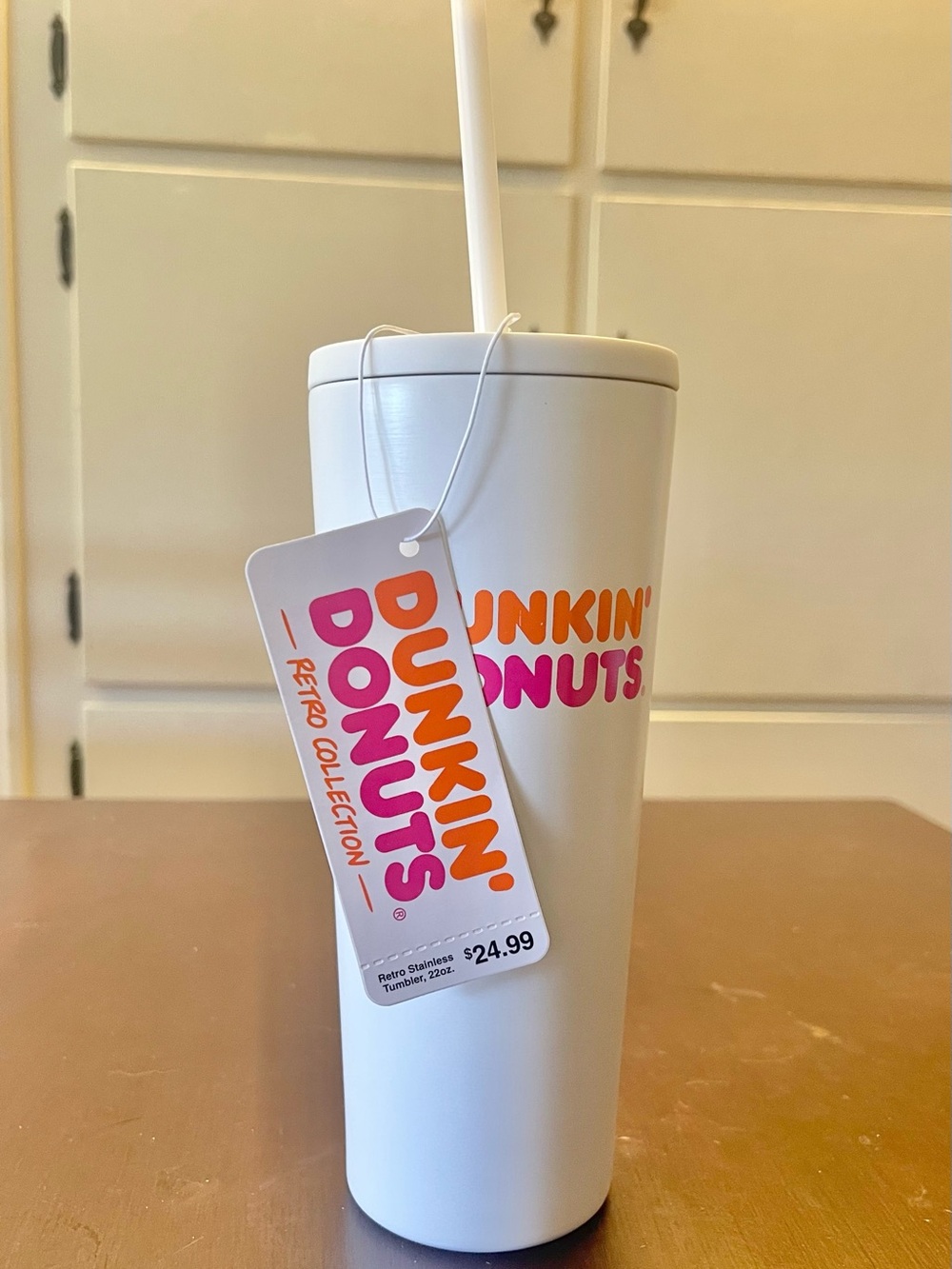 Dunkin' Donuts White Retro Stainless Tumbler with Straw